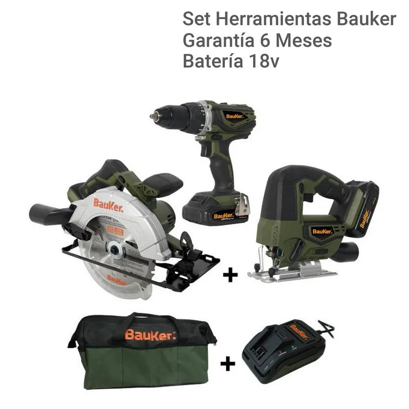 BAUKER
Taladro inalámbrico percutor + sierra circular + sierra caladora 18V