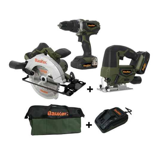BAUKER
Taladro inalámbrico percutor + sierra circular + sierra caladora 18V