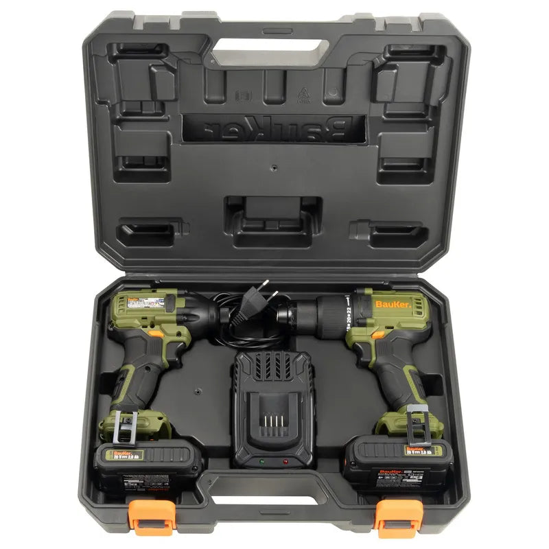 BAUKER
Kit Taladro Percutor 13 mm 20 V+ Atornillador Impacto 20 V +2 Baterías 2 AH + Cargador