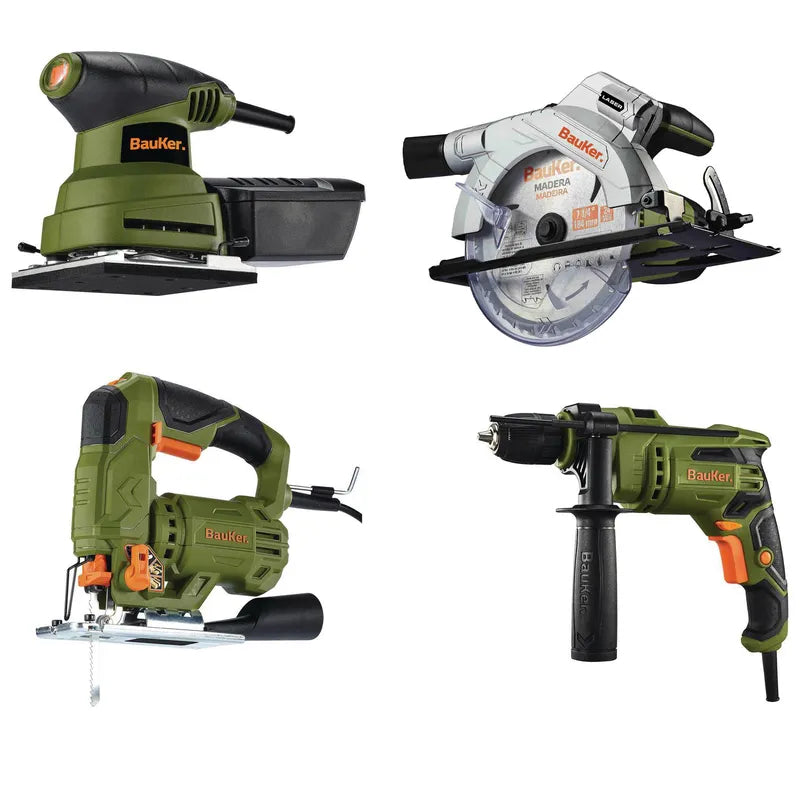 BAUKER
Taladro + sierra circular + sierra caladora + lijadora + bolso