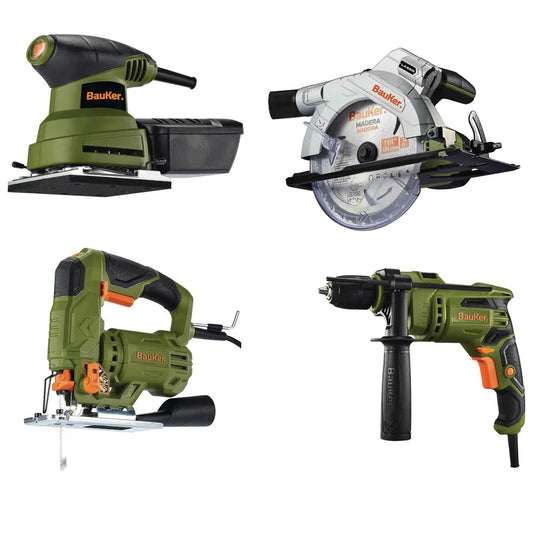 BAUKER
Taladro + sierra circular + sierra caladora + lijadora + bolso