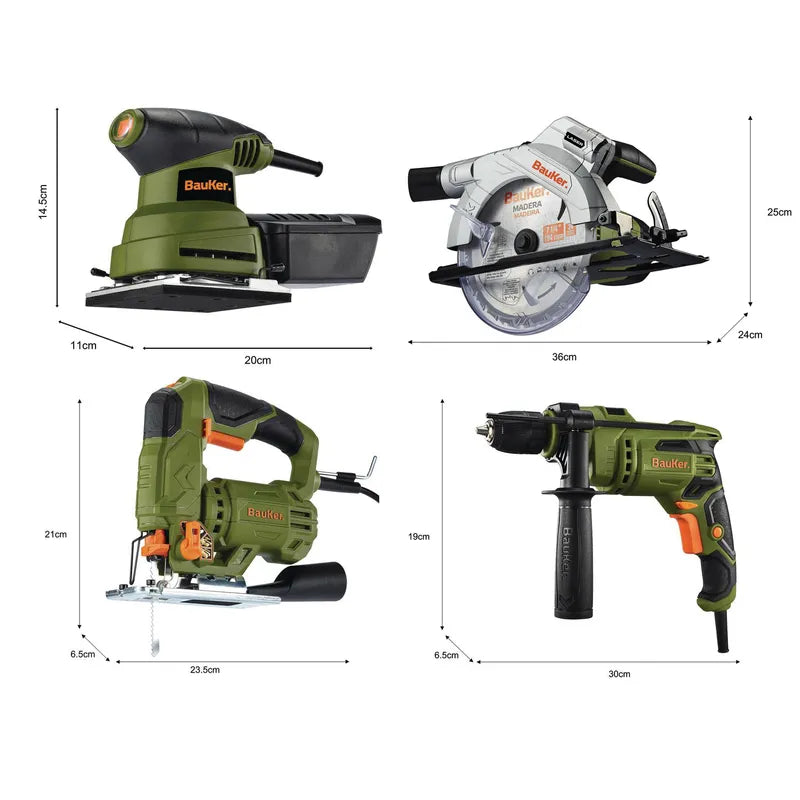 BAUKER
Taladro + sierra circular + sierra caladora + lijadora + bolso
