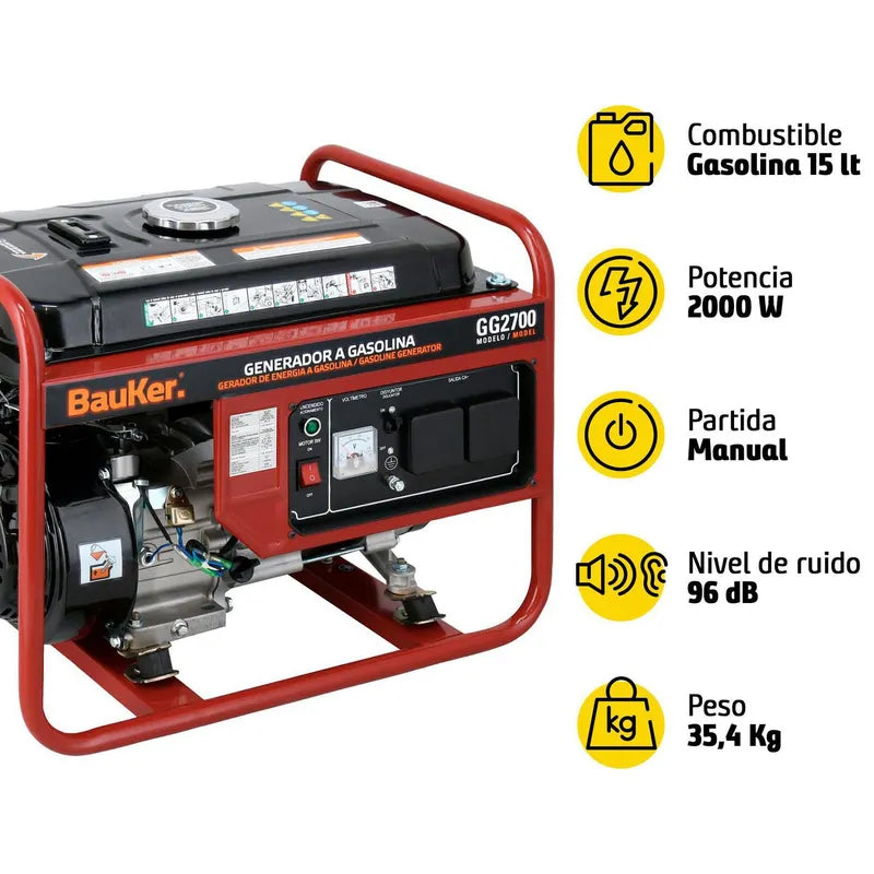 BAUKER
Generador Eléctrico a Gasolina Partida Manual 2000 W 15 l