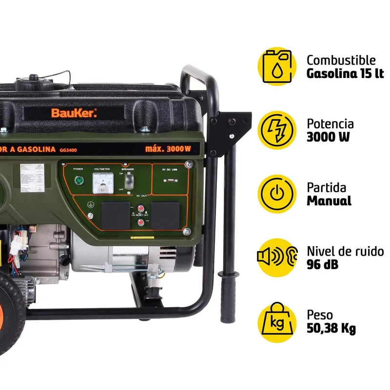 BAUKER
Generador Eléctrico a Gasolina Partida Manual 3000 W 15 l