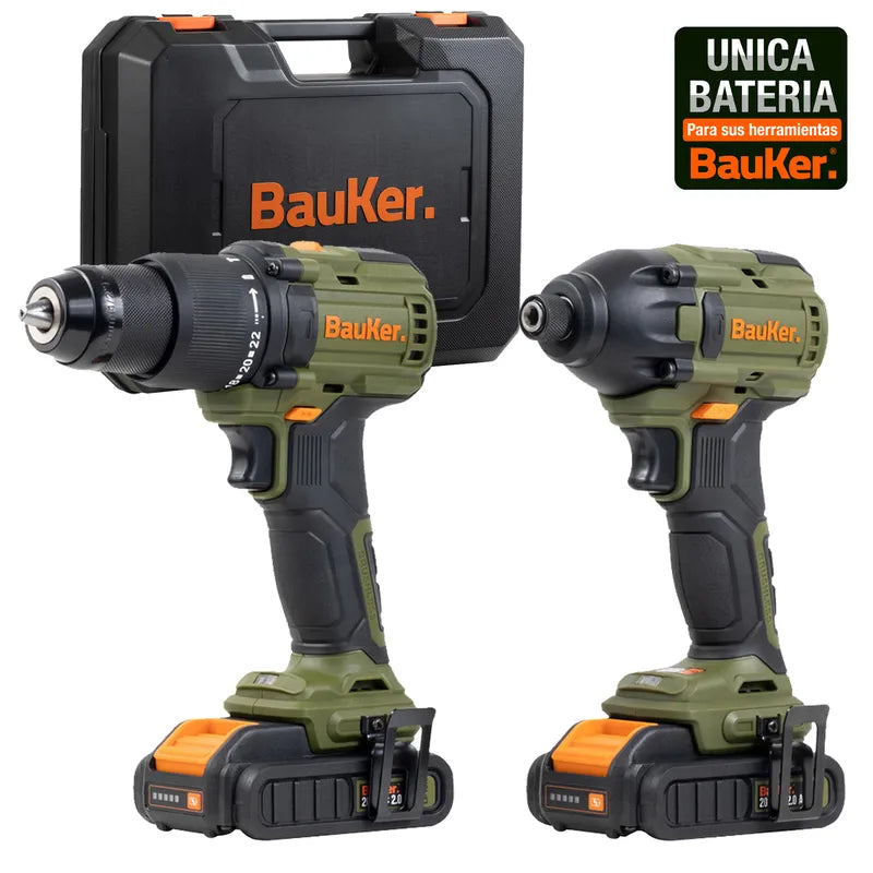 BAUKER
Kit Taladro Percutor 13 mm 20 V+ Atornillador Impacto 20 V +2 Baterías 2 AH + Cargador