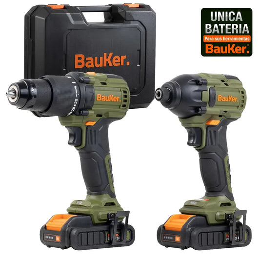BAUKER
Kit Taladro Percutor 13 mm 20 V+ Atornillador Impacto 20 V +2 Baterías 2 AH + Cargador