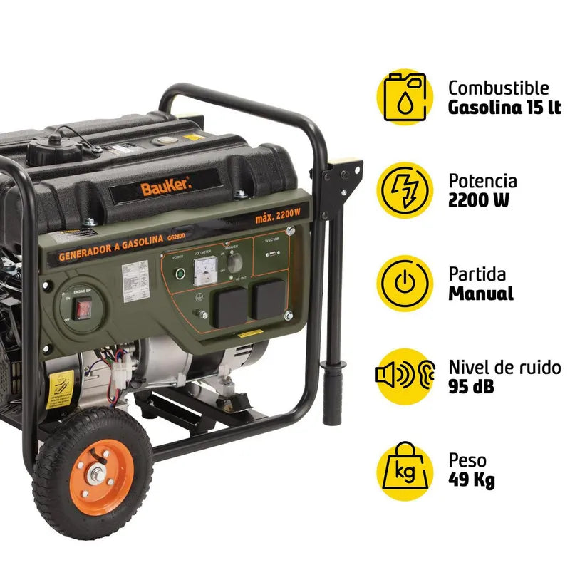 BAUKER
Generador Eléctrico a Gasolina Partida Manual 2200 W 15 l